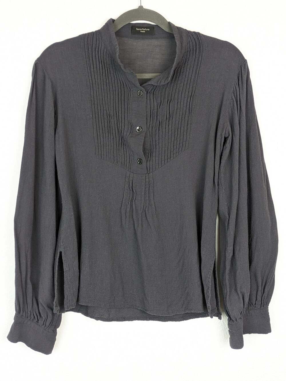 Sonia Fortuna Firenze Top Pleated Blouse Designer Charcoal Gray Italian Size S